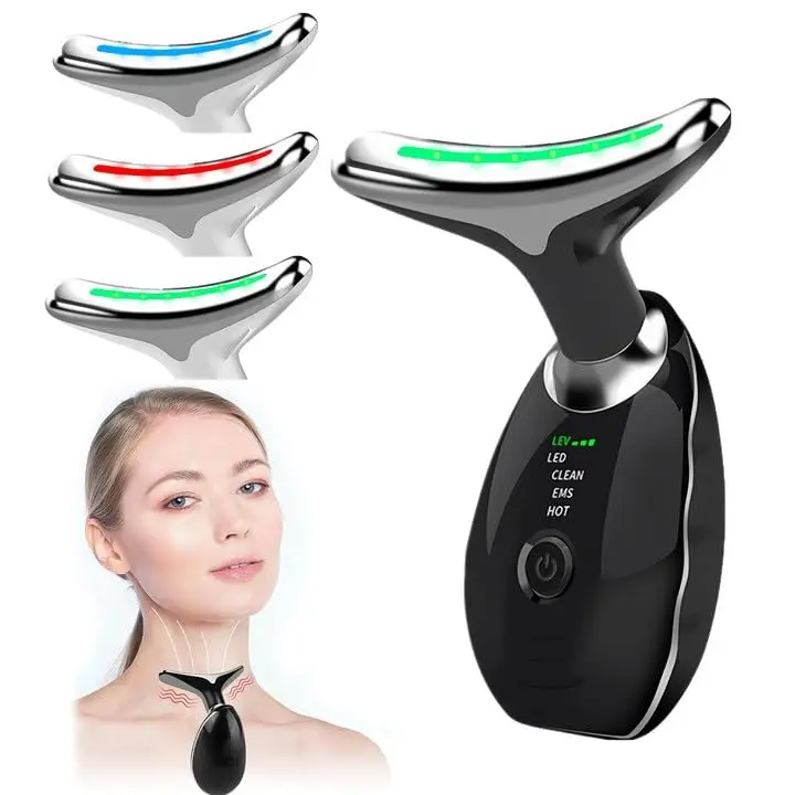 Digital Face & Neck Massager T-Shaped – EMS Facial Massage Device with LED Light, Hot & Vibration Modes for Face, Jawline & Neck