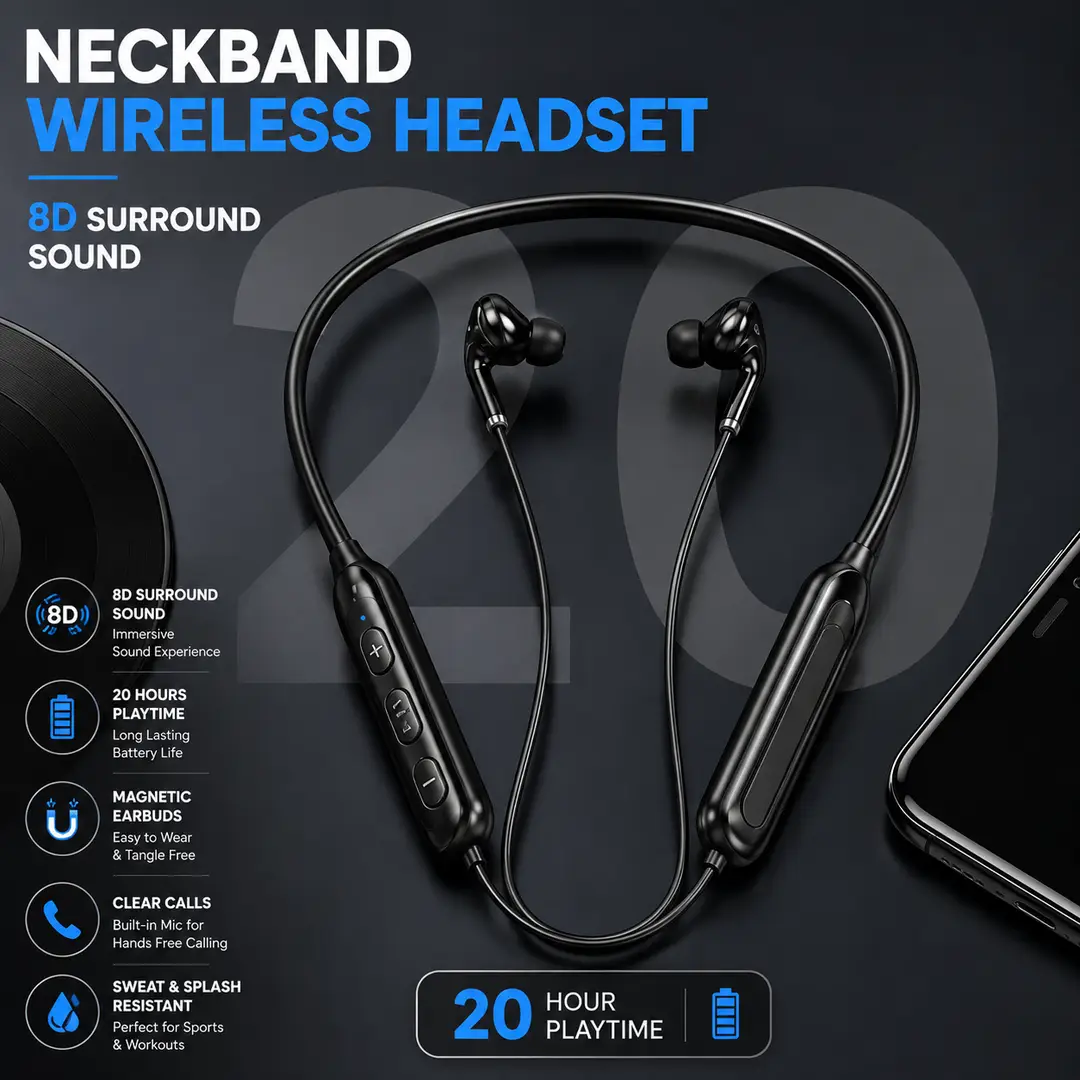 Black Noise-Cancelling Wireless Neckband Earbuds – 12H Battery
